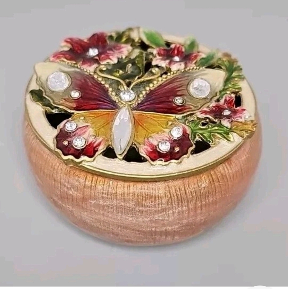 Butterfly Floral Trinket Box Gold Enamel Crystal Magnet 3" Jewelry Holder EUC
